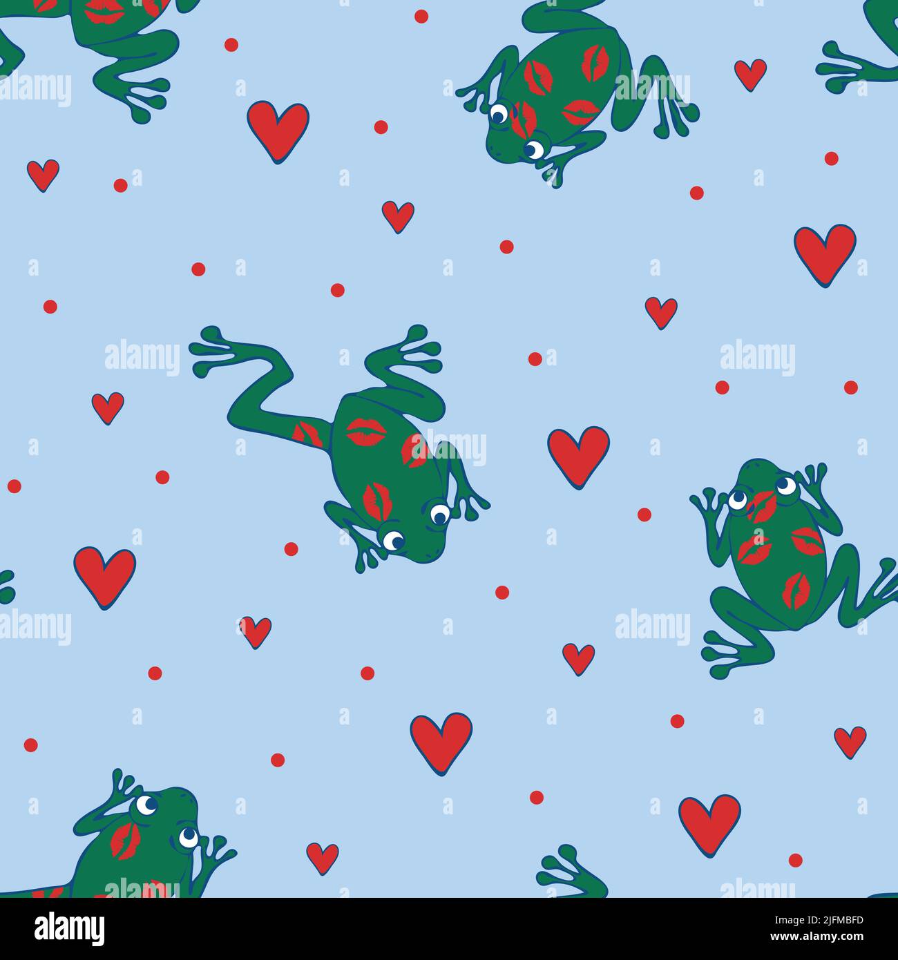 Seamless vector pattern with frog and love hearts on blue background. Cute animal Valentines day wallpaper design. Kiss marks on frog. Stock Vector