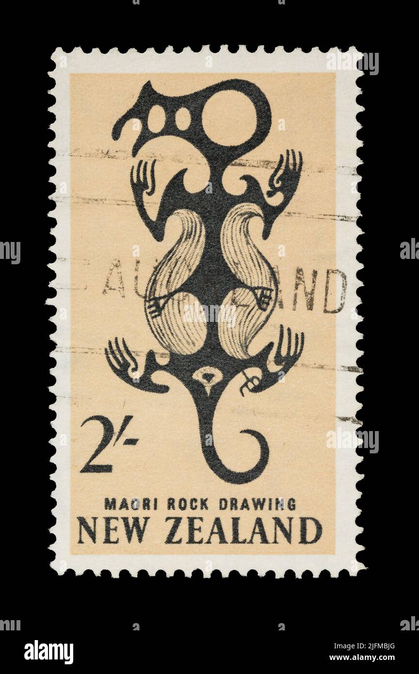 A New Zealand 2 shilling 1960 postage stamp depicting the 'Opihi Taniwha', a Maori drawing of a mythical water creature Stock Photo