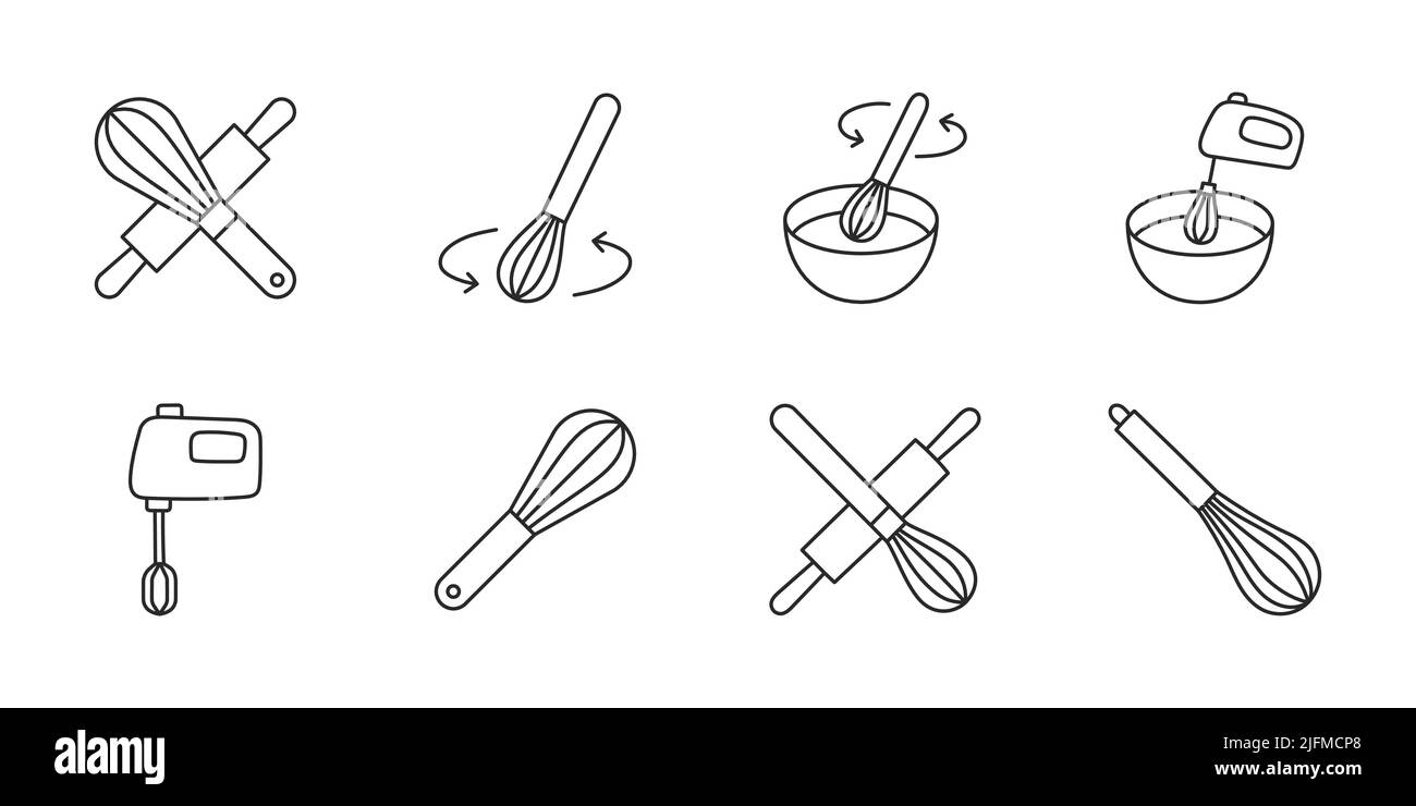 Whisk doodle illustration including icons rolling pin, mixer, bowl