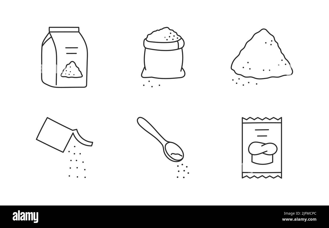 Flour doodle illustration including icons - sack, sugar, sachet, yeast powder, teaspoon. Thin line art about baking ingredients. Editable Stroke Stock Vector