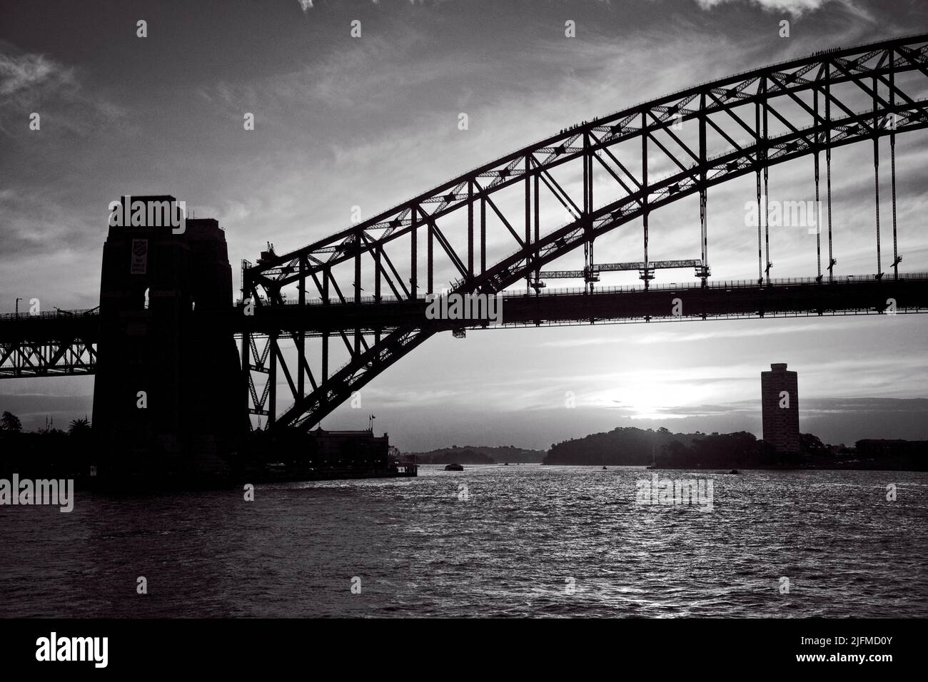 SYDNEY HARBOUR BRIDGE AGAINST THE SETTING SUN AUSTRALIA Stock Photo