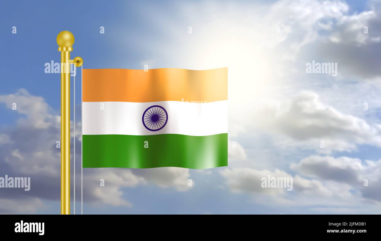 India flag waving on wind in blue sky and  front of bright sun light. Stock Photo