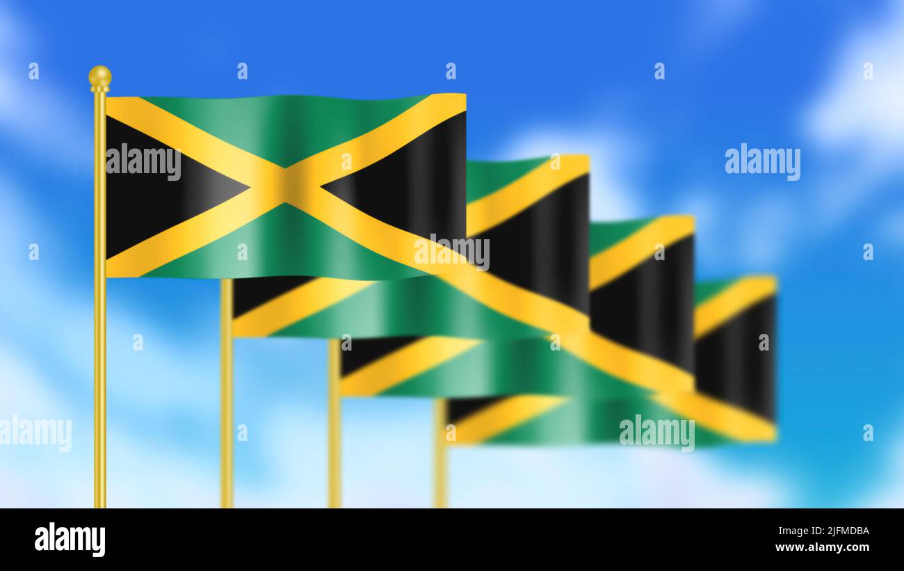 Four national flag of Jamaica waving in wind focused on first flag and ...
