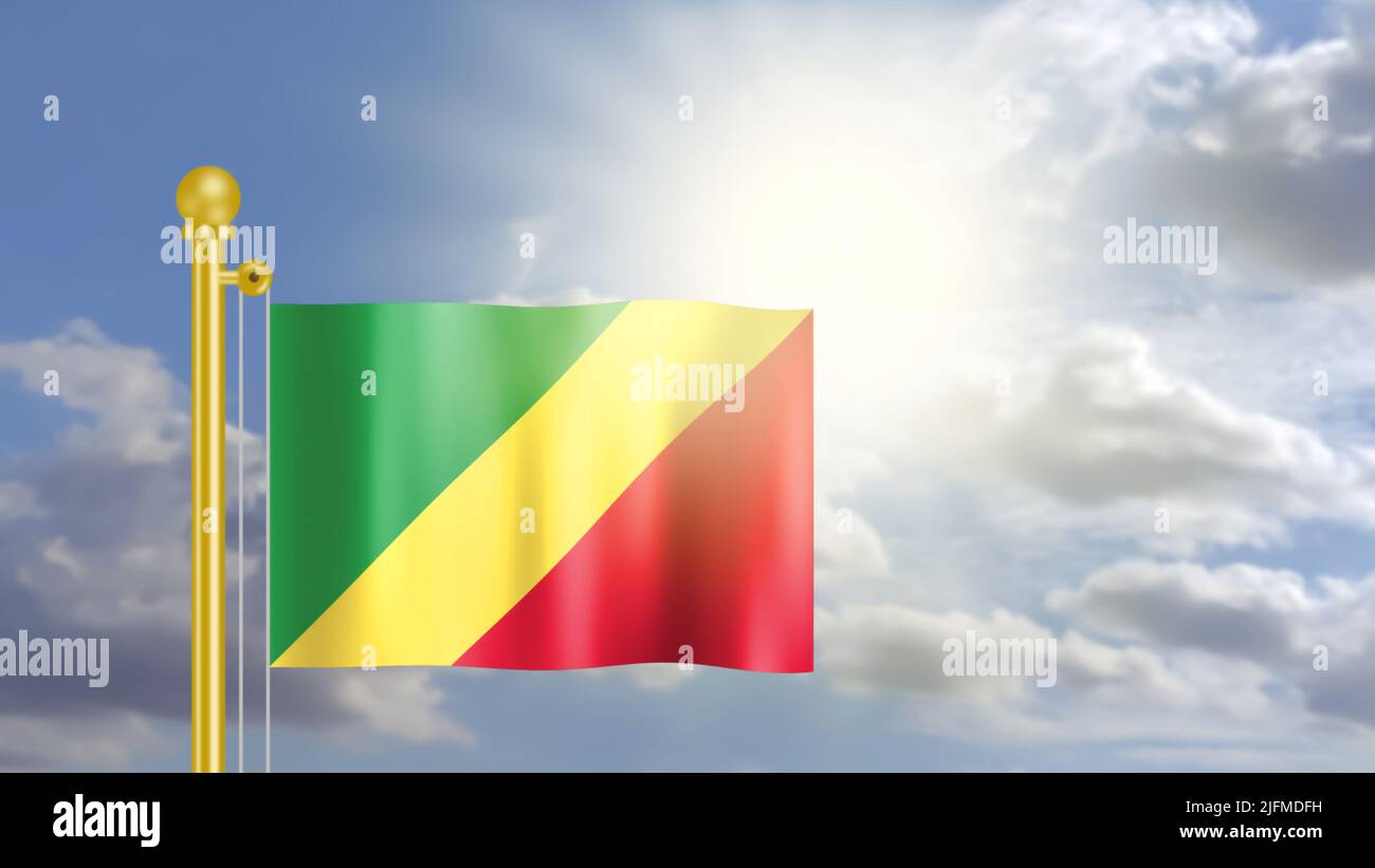 republic of Congo flag waving on wind in blue sky and front of bright ...