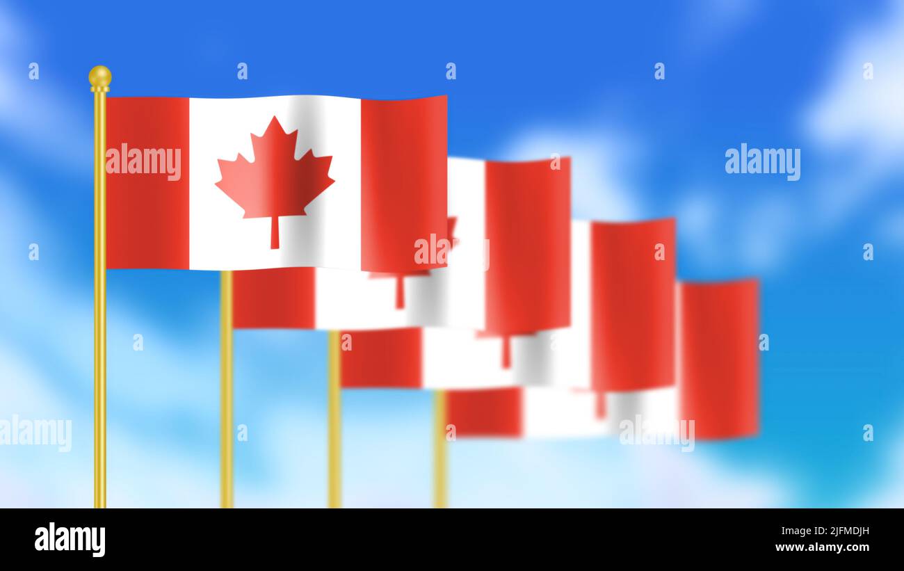 Four national flag of canada waving in wind focused on first flag and blue sky motion animation Stock Photo