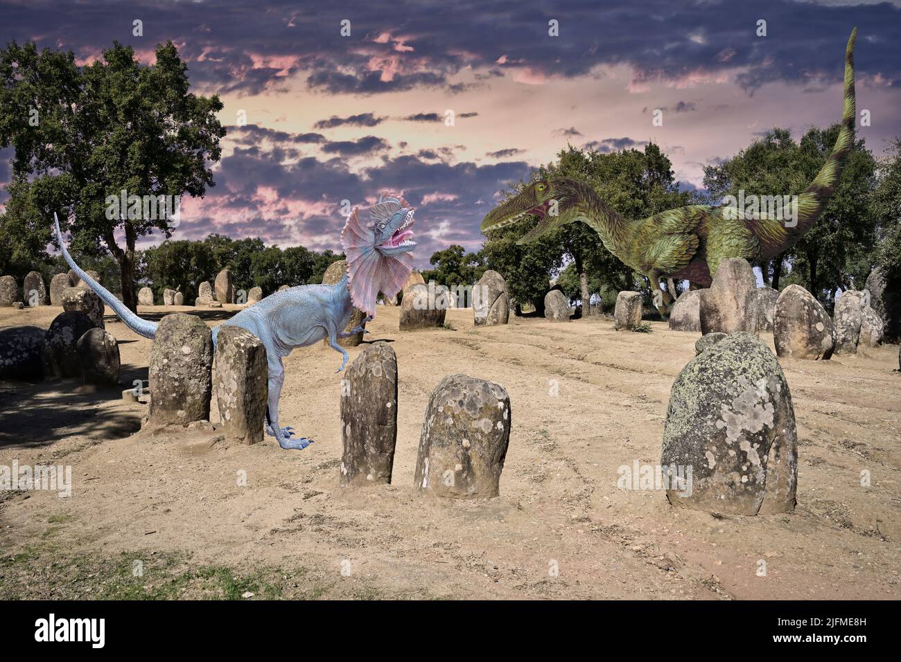 Fantasy image, Dinosaurs in cromlech Stock Photo