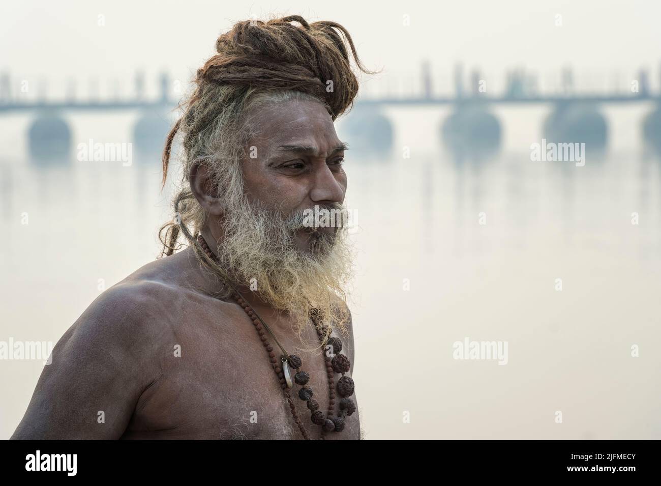 Rome Baba on Ganges riverbank, For Editorial Use Only, Allahabad Kumbh Mela, World’s largest religious gathering, Uttar Pradesh, India Stock Photo