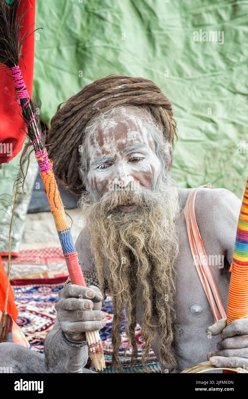 White ashes covered Sadhu with dreadlocks turned around his head, For editorial use only, Allahabad Kumbh Mela, World’s largest religious gathering, U Stock Photo