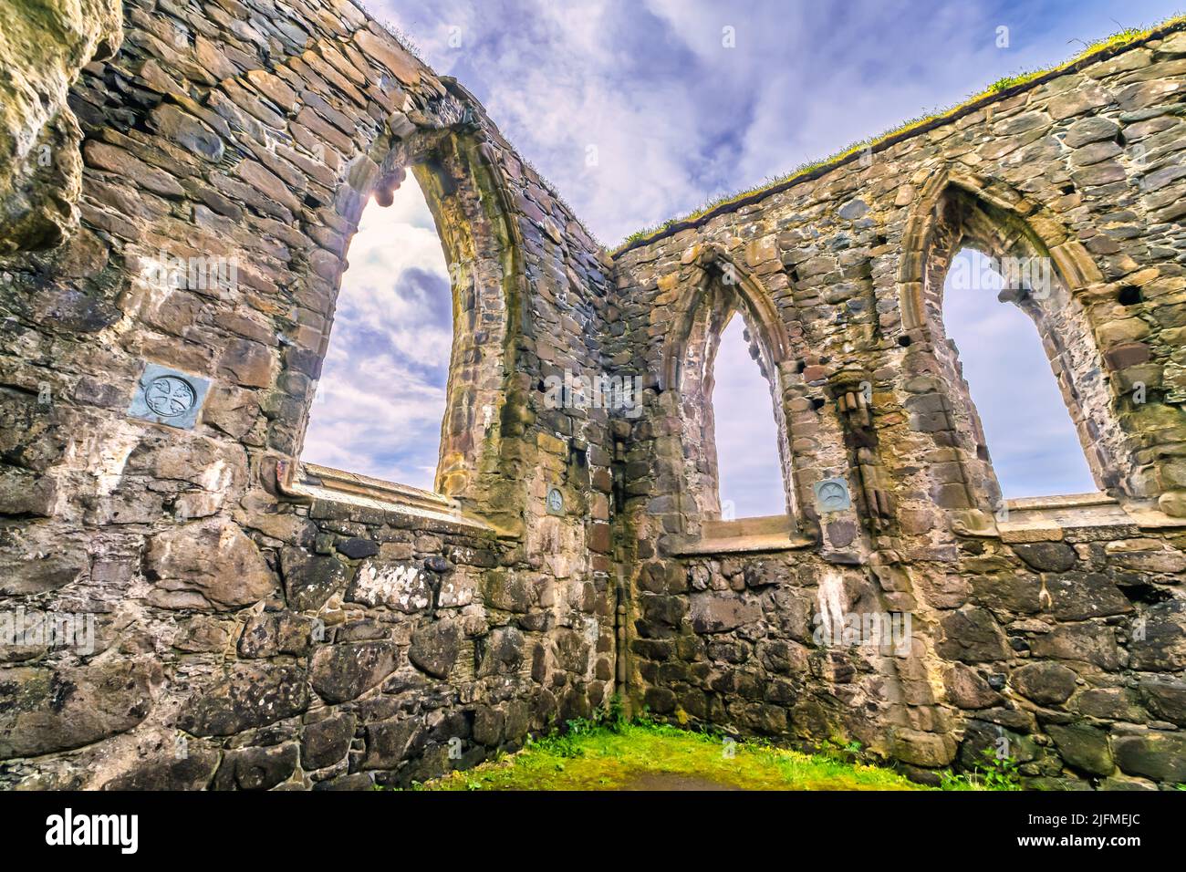 Ruins of the medieval Magnus cathedral in Kirkjubour ON the Faroe Islands Stock Photo