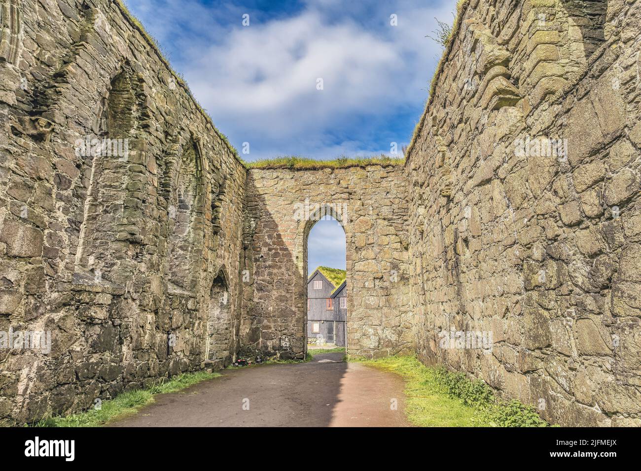 Ruins of the medieval Magnus cathedral in Kirkjubour ON the Faroe Islands Stock Photo