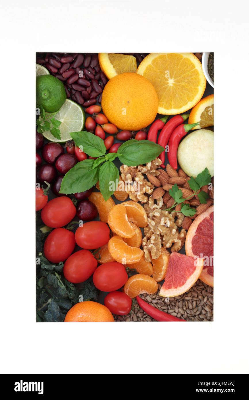 Healthy vegan food nutrition high in flavonoids, antioxidants, lycopene, anthocyanins, vitamins