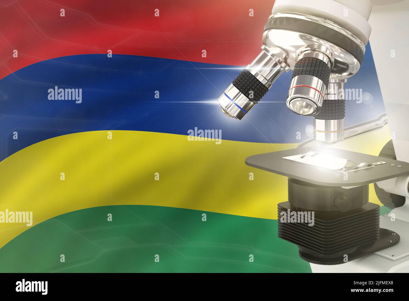 Microscope on Mauritius flag background science development concept