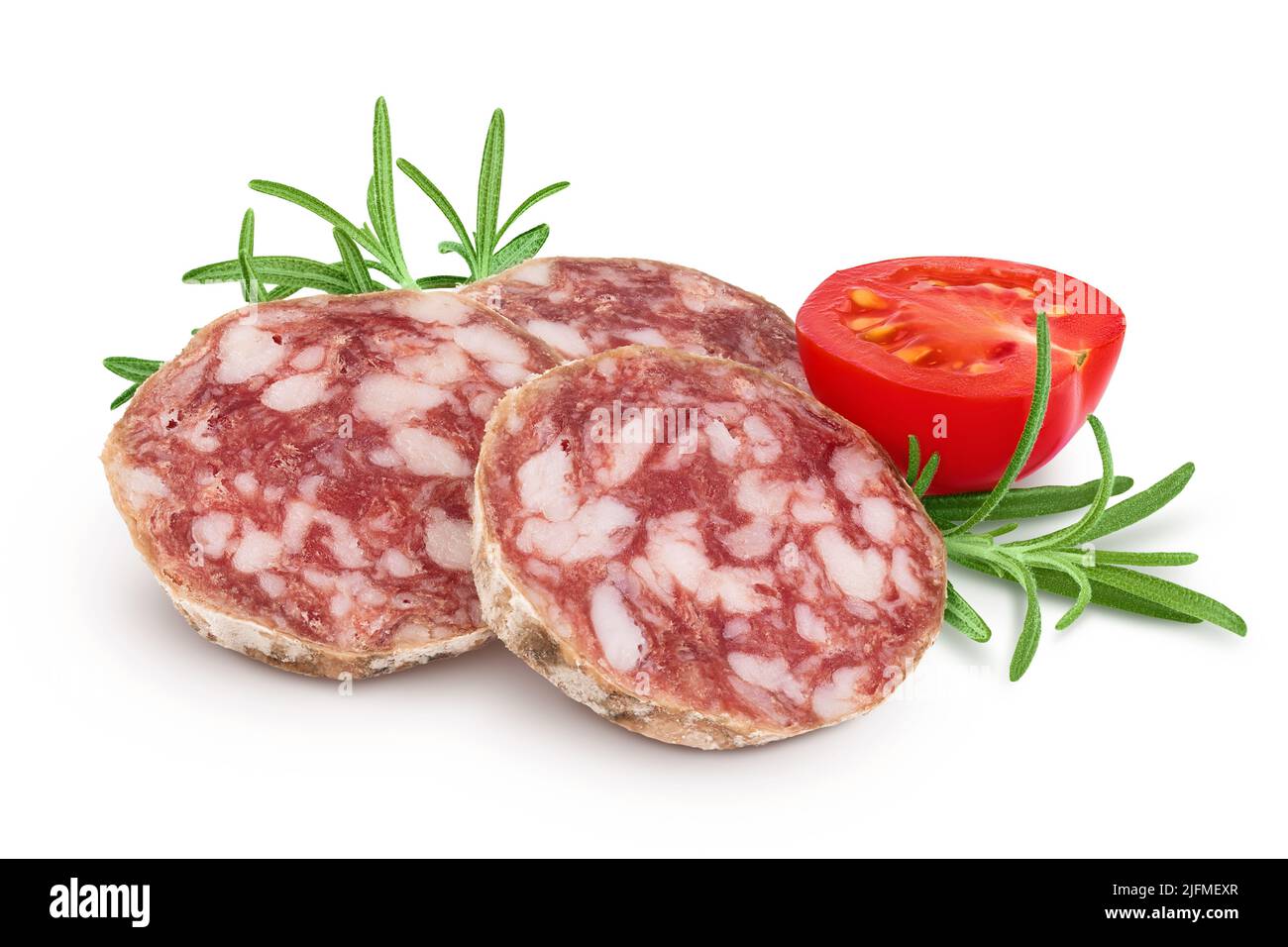 Cured salami sausage slices isolated on white background. Italian cuisine with full depth of