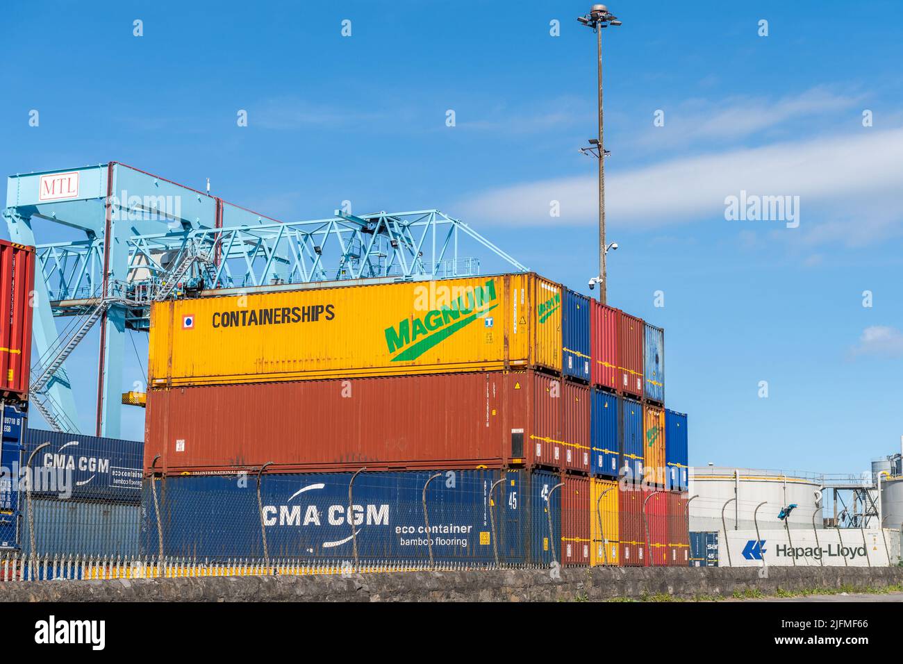Shipping containers stacked at Dublin Port, Dublin, Ireland. Stock Photo