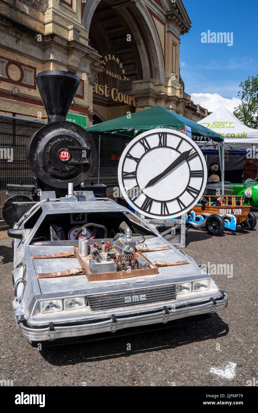 Soapbox Concepts kart version of Back to the Future DeLorean car at the Red Bull Soapbox race 2022 at Alexandra Palace in London, UK. Stock Photo