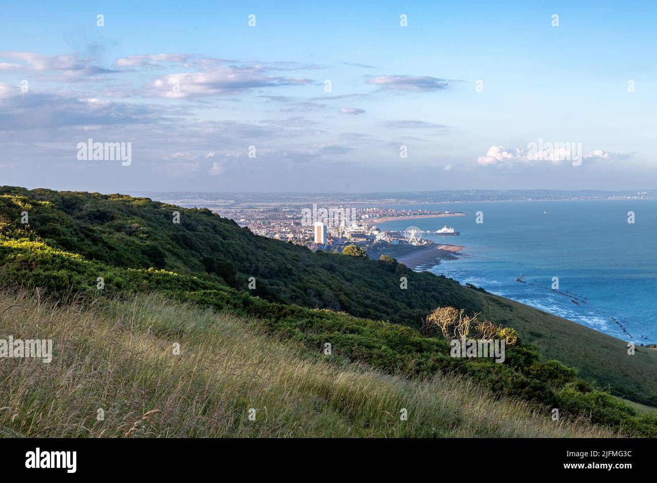 A view of the town of Eastbourne on the Sussex coast, from the hills