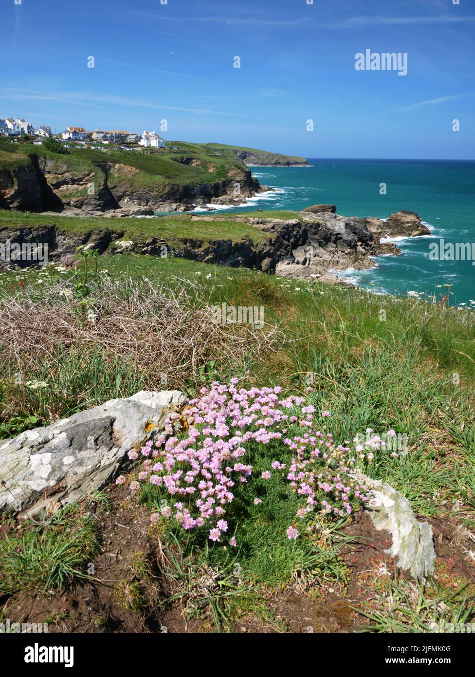 Port Isaac, Cornwall, seen from cliffs above Port Gaverne. Stock Photo