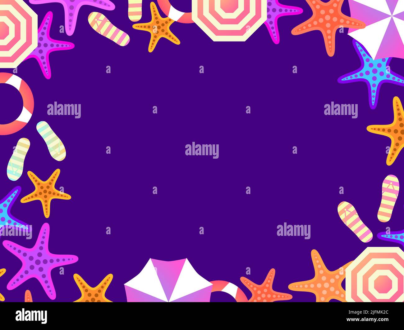 Beach frame, top view. Beach umbrellas and flip flops with starfish in ...