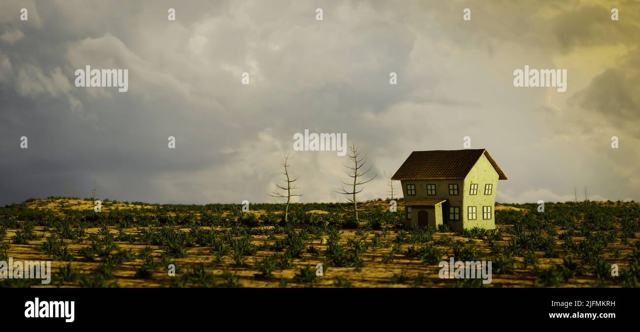 Rustic home in arid, lonely landscape wih dramatic skyscape and several dead trees. 3d rendering. Stock Photo