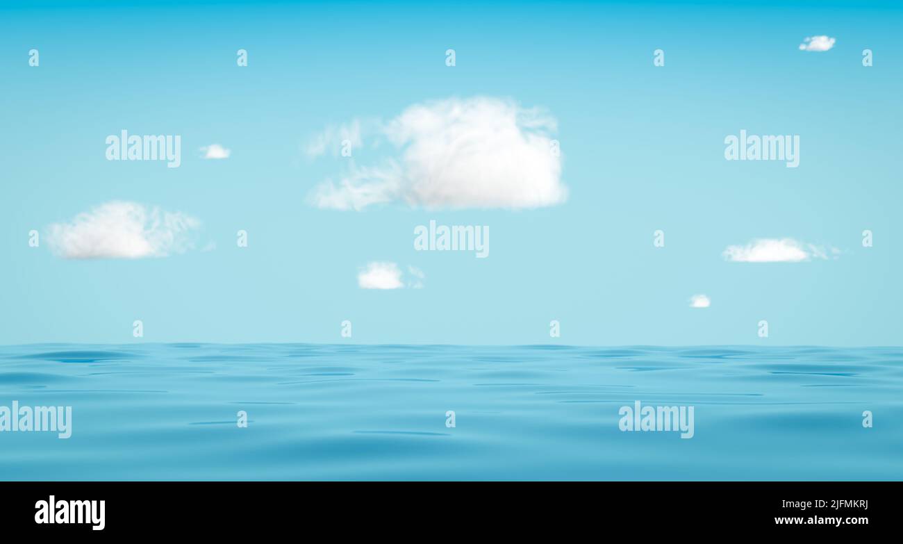 3d rendering of dreamy ocean scene with fluffy clouds. Stock Photo