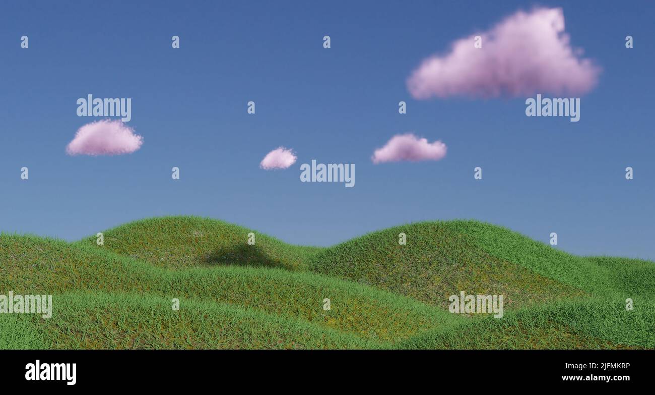 Gently rolling green hills and pastel pink fluffy clouds. 3d rendering. Stock Photo