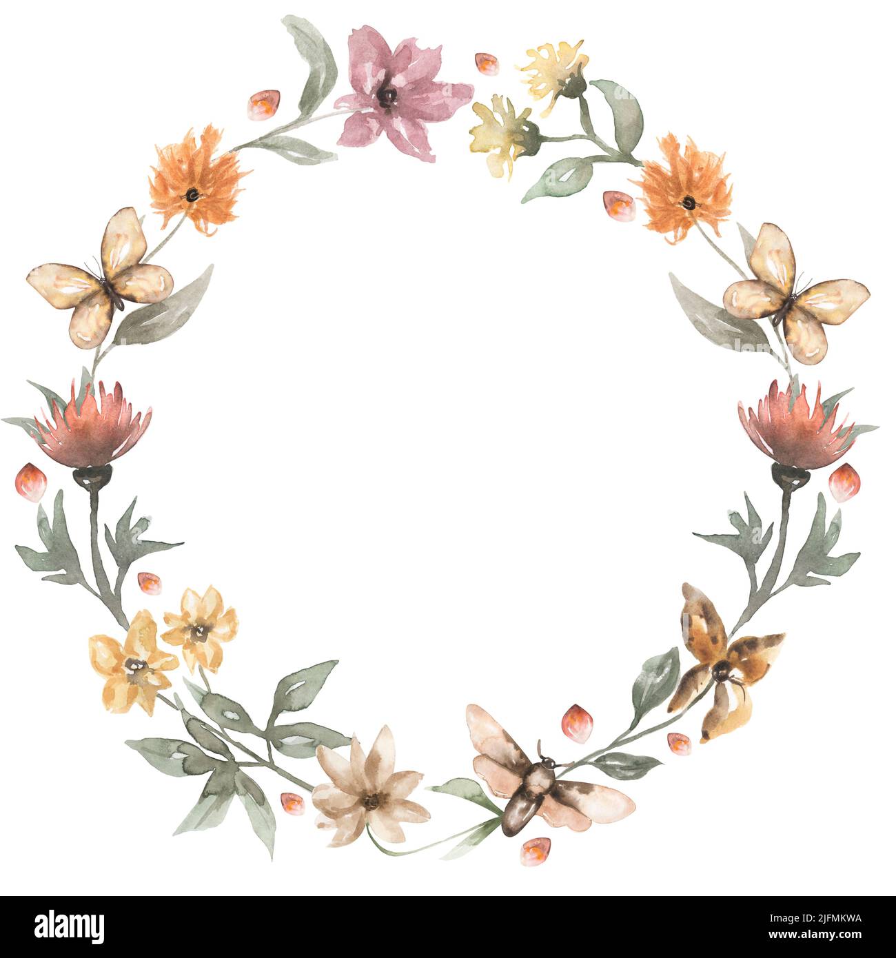 Watercolor rustic wildflowers wreath Illustration, Hand drawn meadow ...