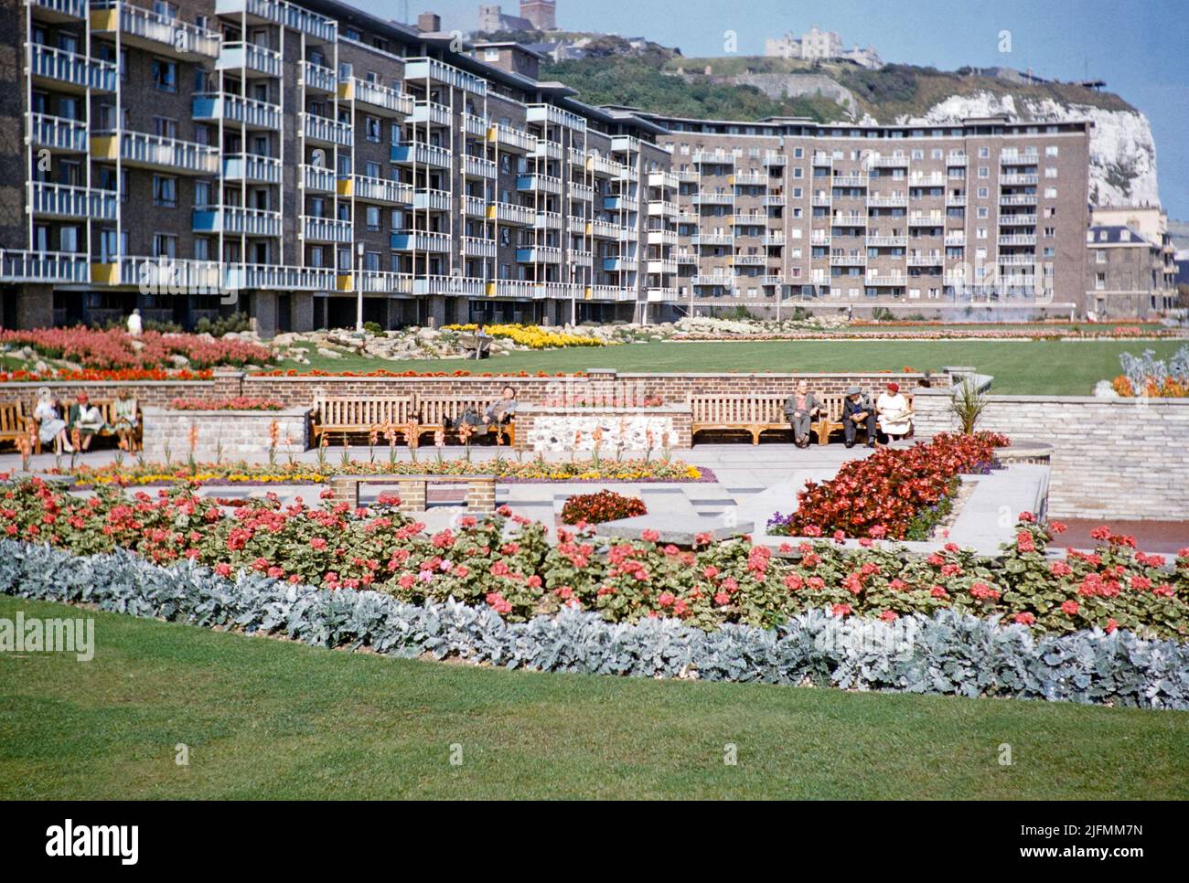 Flower beds and gardens, the Gateway Flats, Marine Parade, Dover, Kent,England, UK early 1960s flats completed 1959 Stock Photo