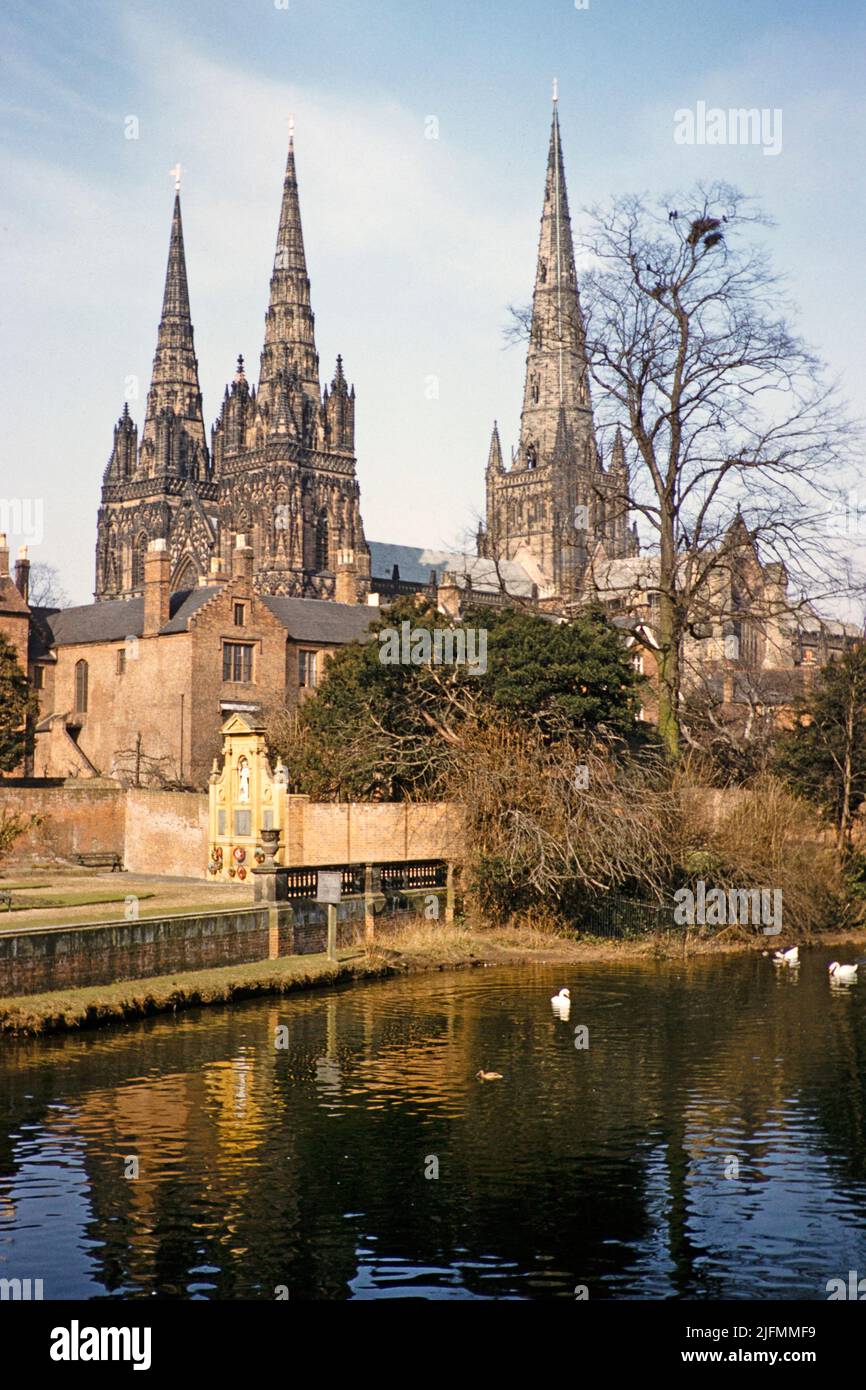 Lichfield cathedral church from Minster Pool, Lichfield, Staffordshire, England, UK early 1960s Stock Photo