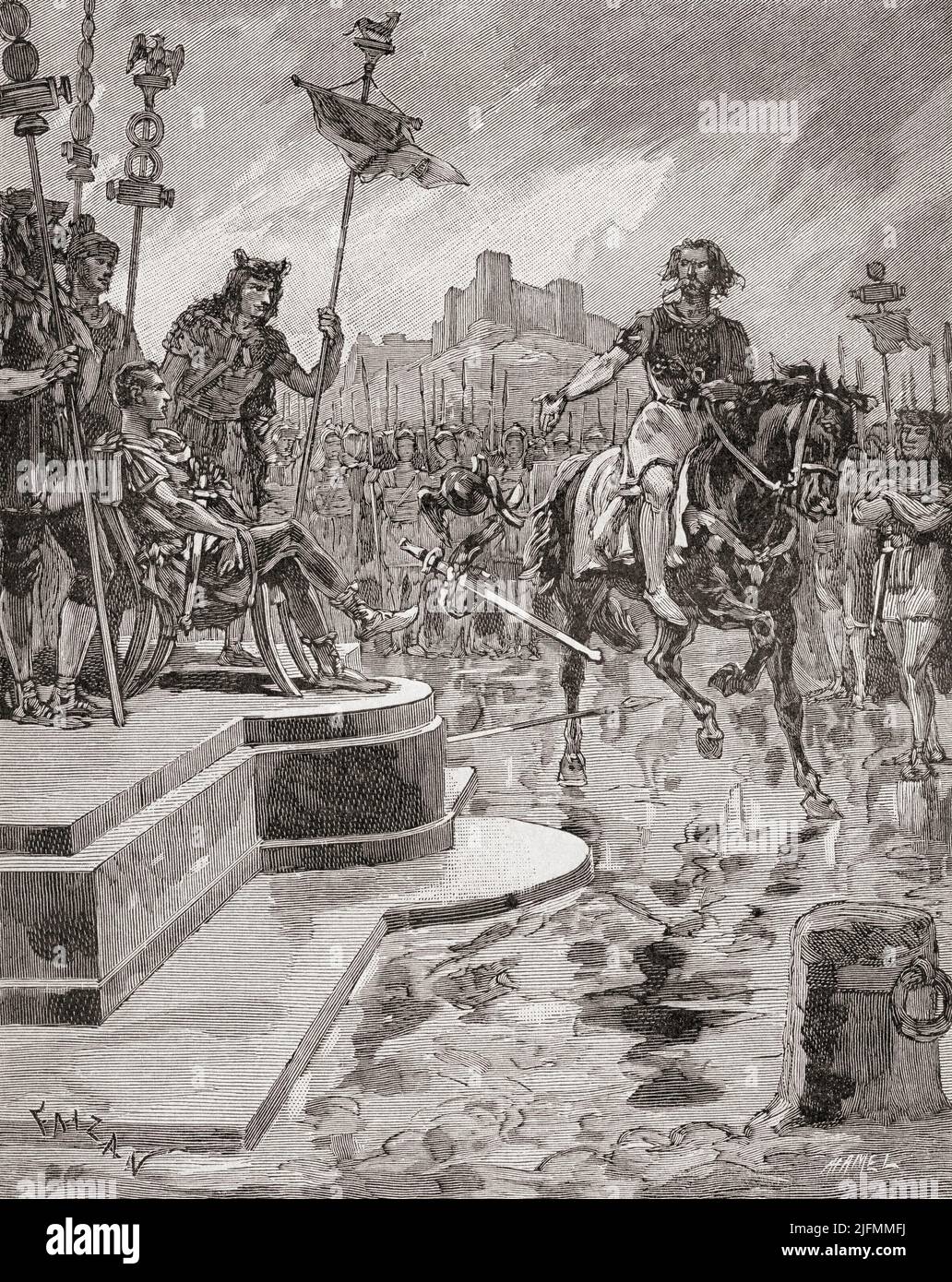 Vercingetorix throws down his arms at the feet of Julius Caesar, 52 BC.  After this he was imprisoned in the Tullianum in Rome for five years, before being publicly displayed in Caesar's triumph in 46 BC. He was executed after the triumph, probably by strangulation in his prison.  Vercingetorix, c. 82 BC – 46 BC.  Chieftain of the Arverni tribe.  From Histoire de France, published 1855. Stock Photo