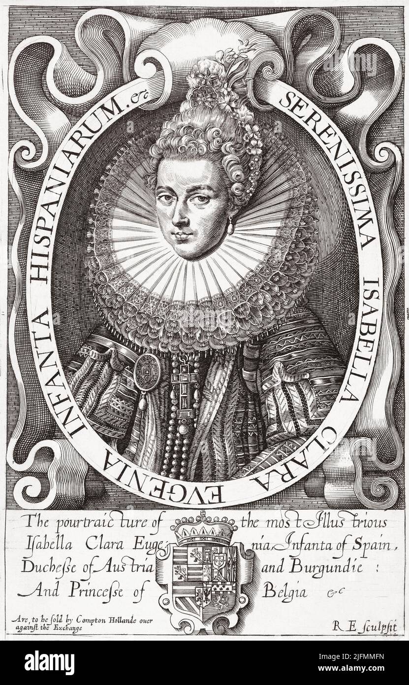 Isabella Clara Eugenia, 1566 - 1633. Daughter of Philip II of Spain and Elisabeth of Valois. With her husband Albert VII, Archduke of Austria she was sovereign of the Spanish Netherlands and the north of modern France.  After a work by Renold Elstrack. Stock Photo