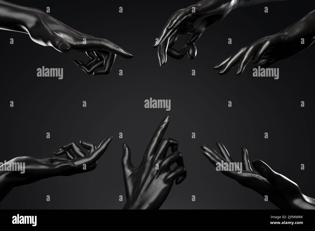 Black female mannequin hands pointing on black background. 3D rendering. Perfect image for