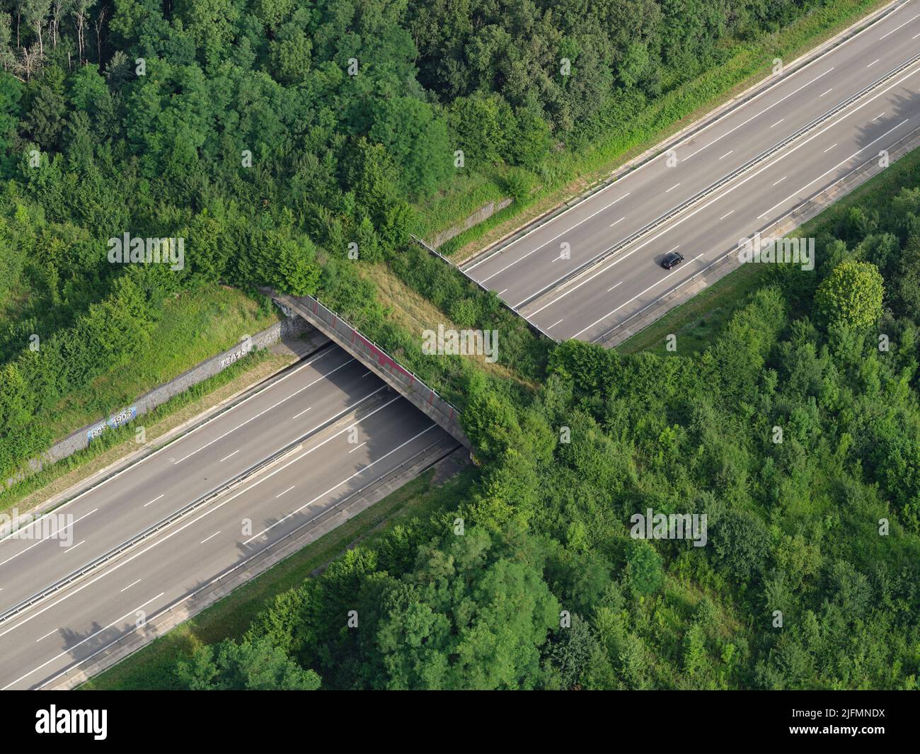 AERIAL VIEW. Wildlife crossing above a highway. Epfig, Bas-Rhin, Alsace, Grand Est, France. Stock Photo