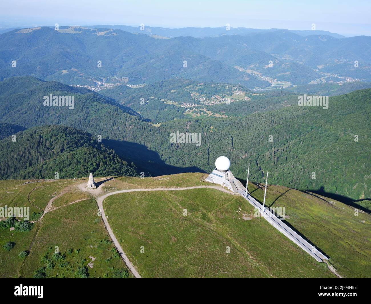 AERIAL VIEW. Aviation radar at the Grand Ballon, which is the highest summit (1423 meters) of the Vosges Massif. Haut-Rhin, Alsace, Grand Est, France. Stock Photo