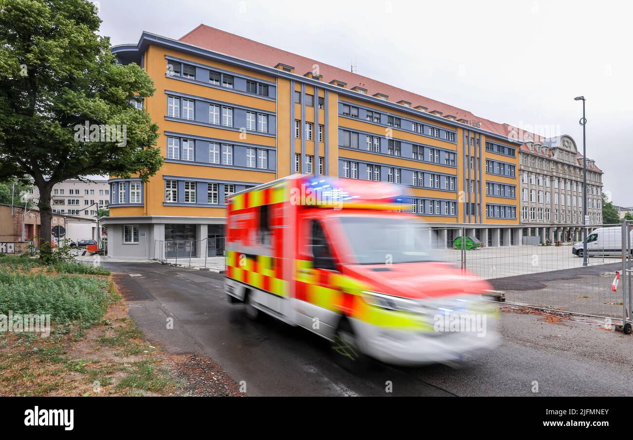 01 July 2022, Saxony, Leipzig An ambulance of the Leipzig fire