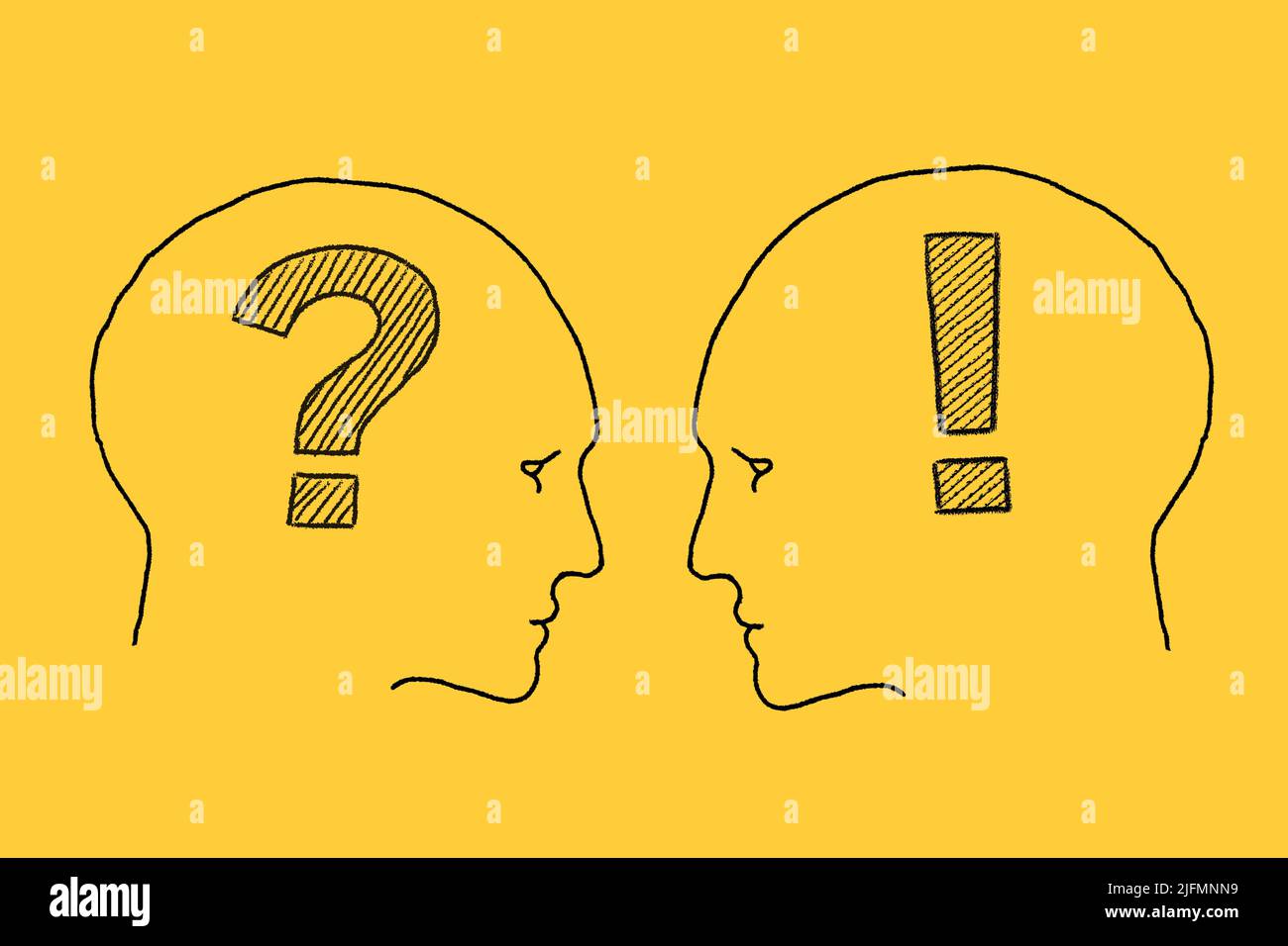 Two male heads face to face with with question and exclamation marks