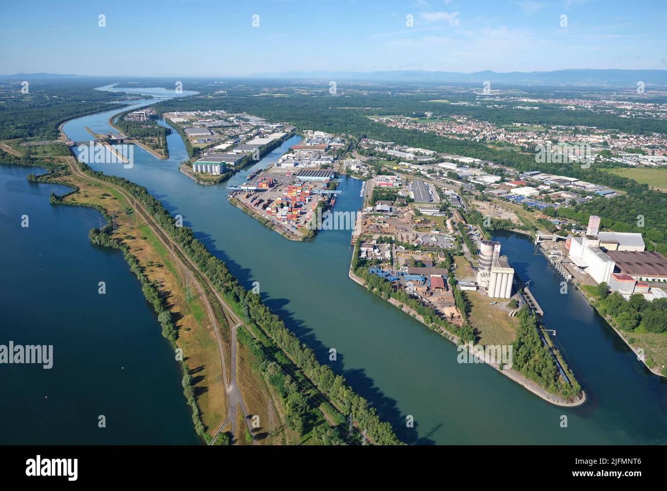 AERIAL VIEW. The Independent Port of Strasbourg alongside the Canal d'Alsace. Bas-Rhin, Alsace, Grand Est, France. Stock Photo