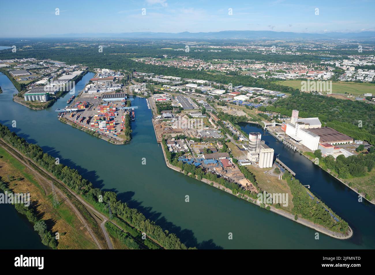 AERIAL VIEW. The Independent Port of Strasbourg alongside the Canal d'Alsace. Bas-Rhin, Alsace, Grand Est, France. Stock Photo