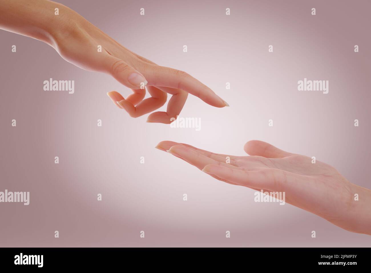 One human hand reaching and touching other with index finger. Concept