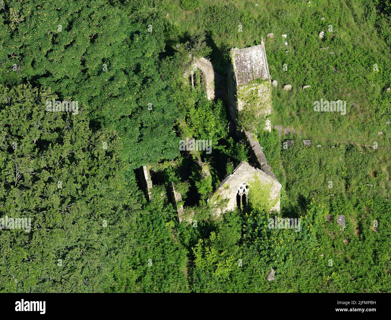 AERIAL VIEW. Abandoned church of St Mary and cemetery overgrown by vegetation. Tintern, Monmouthshire, Wales, United Kingdom. Stock Photo