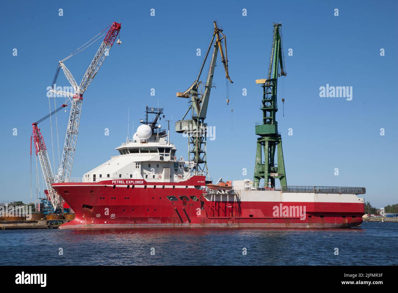 Survey Vessel Petrel Explorer, docked in Gdansk Shipyard, Poland - Stocznia Gdansk, Polska Stock Photo