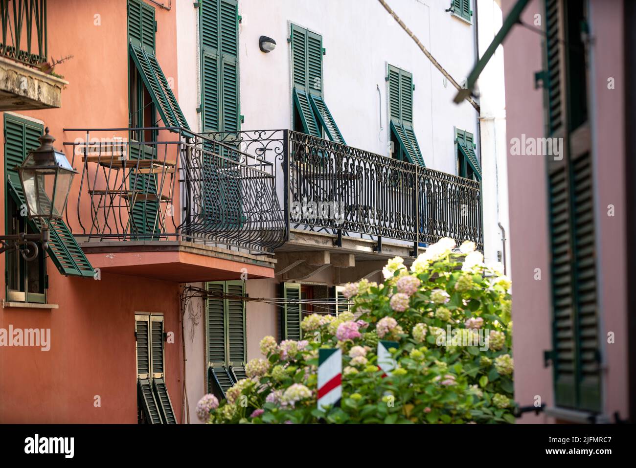 Corniglia, Italy June 10. 2021 Balconies on historic buildings in