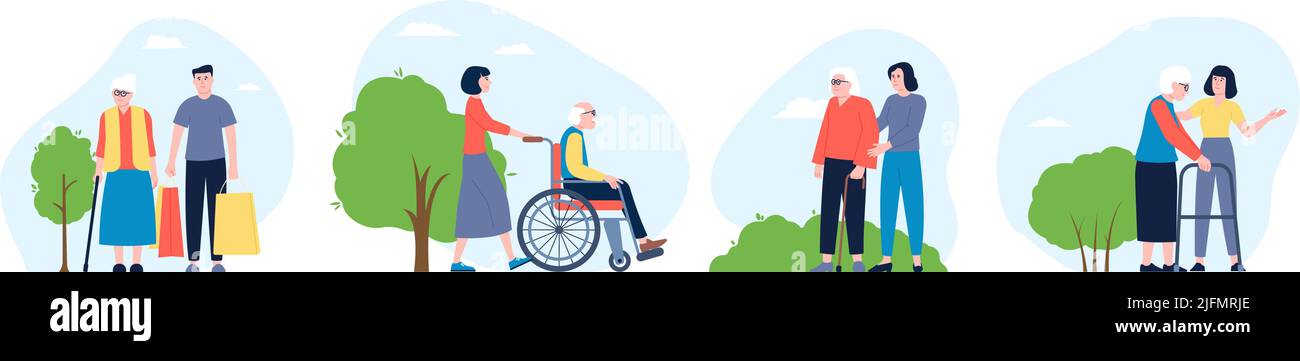 Social help community. Support service people elderly. Seniors and volunteers walking, helpful scenes. Old patient and nurse recent vector characters Stock Vector