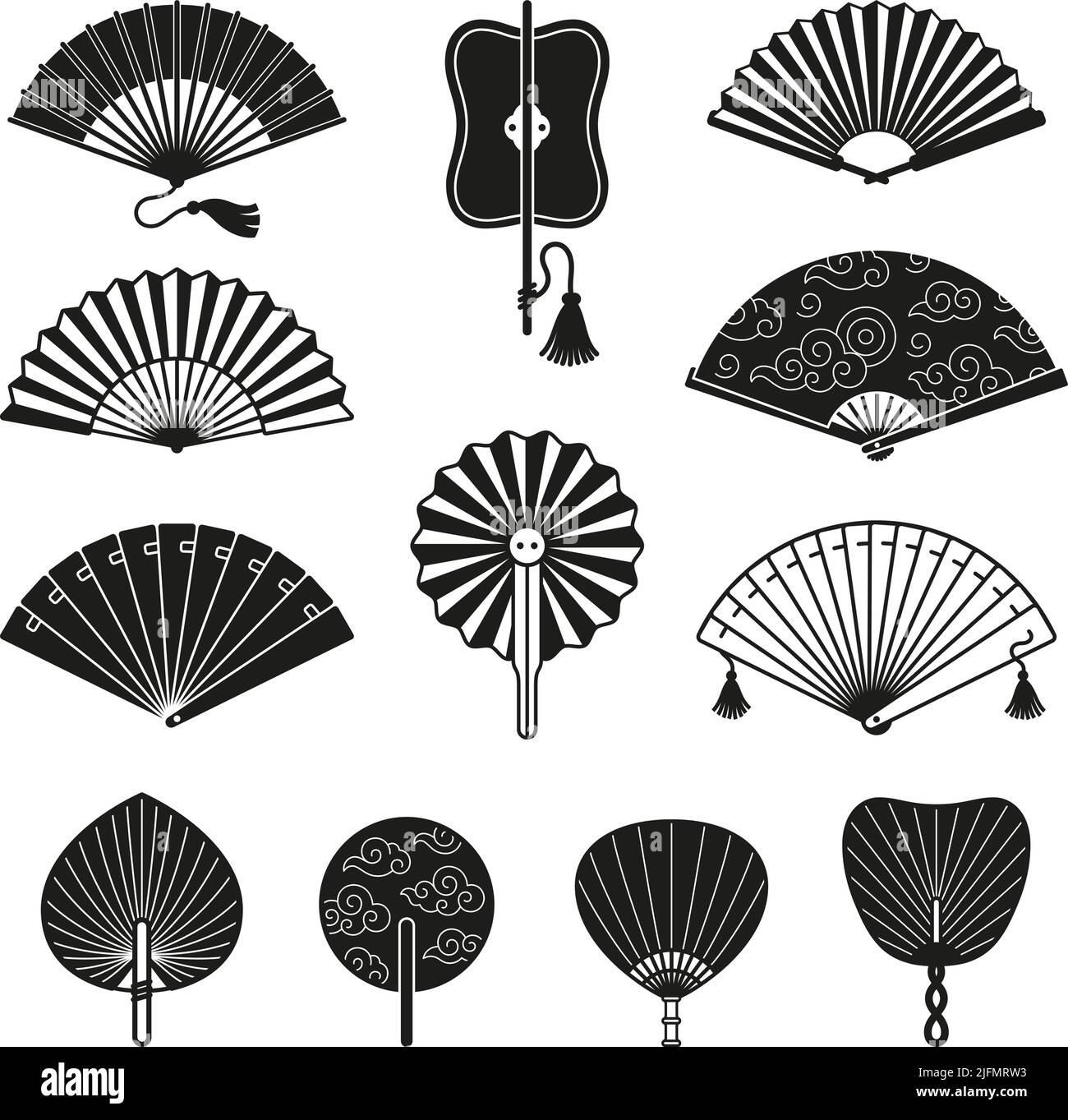Black japanese fan icons. Dance elegant asian fans design isolated on white background. Simple handheld fanning oriental symbols, chinese tidy vector Stock Vector