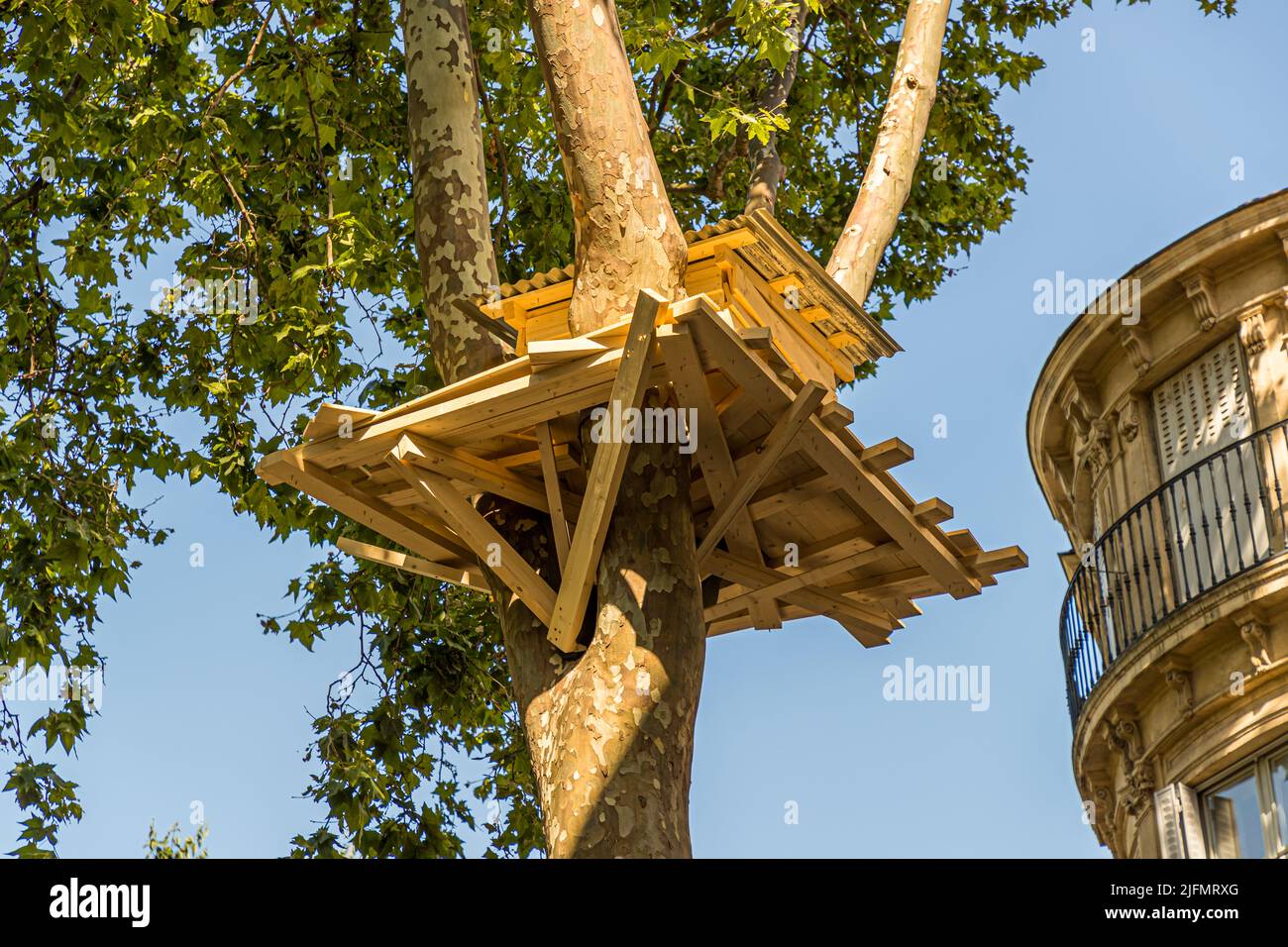 Tree houses by Japanese artist Tadashi Kawamata on the Place de La Canourgue in Montpellier, France Stock Photo