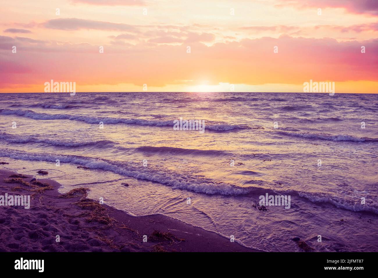 Beautiful sea lanscape with purple sunset. Nature background. Stock Photo
