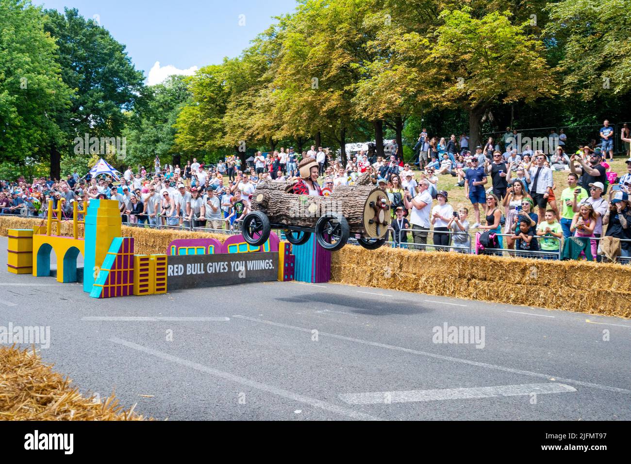 Team Lumberjack or LumberJill kart taking the final jump at the Red