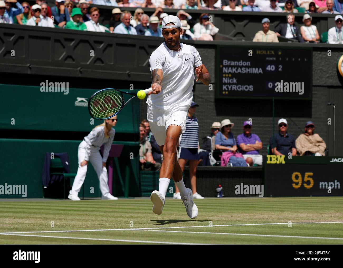 London, UK. 4th July 2022, All England Lawn Tennis and Croquet Club,  London, England; Wimbledon Tennis tournament; Nick Kyrgios (AUS) plays a  forehand to Brandon Nakashima (USA) Credit: Action Plus Sports Images/Alamy