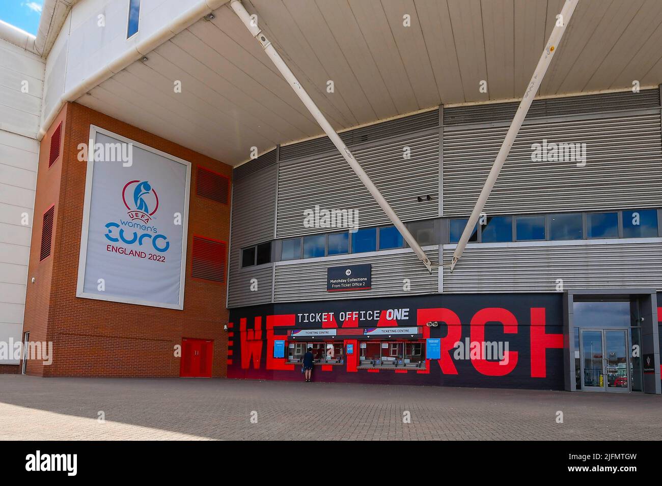 Southampton, Hampshire, UK.  4th July 2022. General view outside St Mary’s Stadium, home of Southampton Football Club which is hosting three UEFA Women’s Euro 2022 group matches starting on Thursday 7th July with Norway v Northern Ireland.  View of the ticket office. Picture Credit: Graham Hunt/Alamy Live News Stock Photo