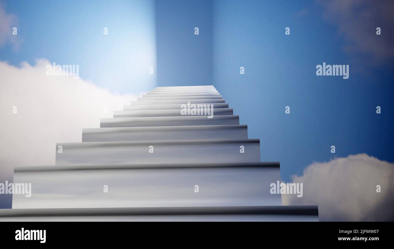 Stairs to heaven. Staircase to the sky. Religious background or success concept. 3D render illustration. Stock Photo