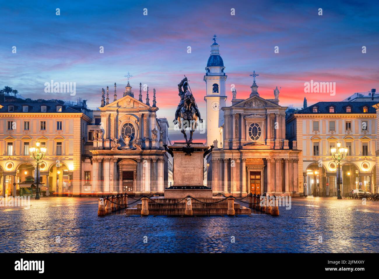 Turin, Italy at Piazza San Carlo during twilight. Stock Photo